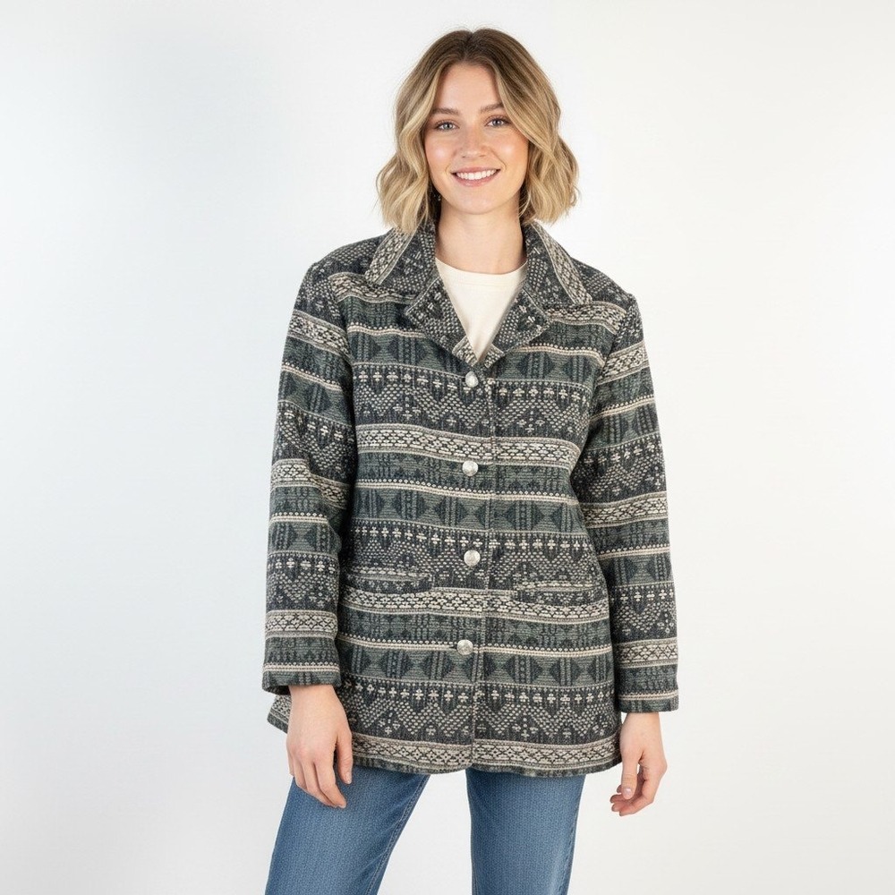Vtg Woolrich Wool Aztec Southwestern Jacket Women M Made USA Sage Gray Chore
